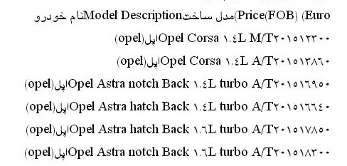 ارزش خودرو سواری opel مدل 2015 اعلام شد
