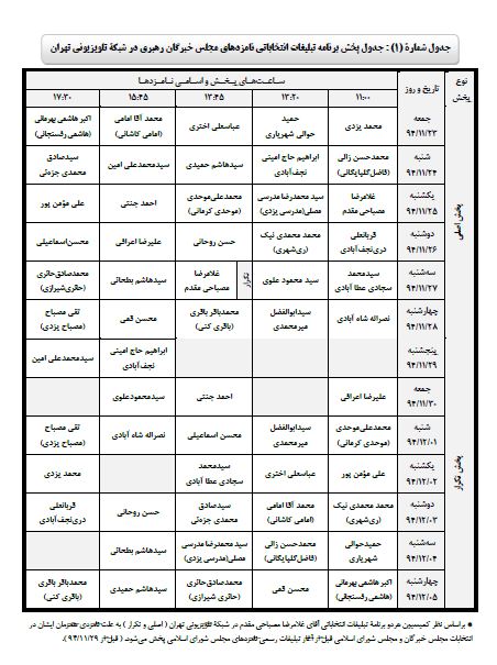 جدول برنامه های خبرگان ملت از رسانه ملی