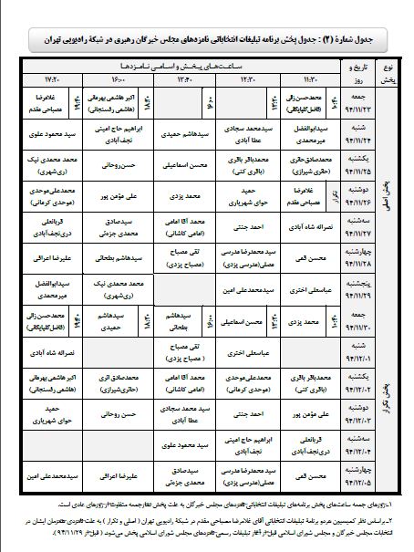 جدول برنامه های خبرگان ملت از رسانه ملی