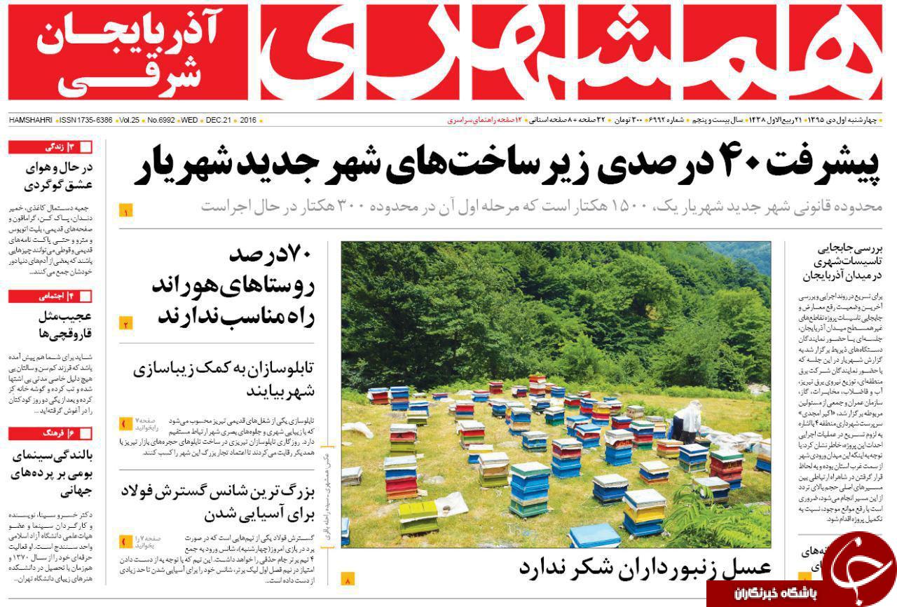 صفحه نخست روزنامه استان&zwnj;آذربایجان شرقی شنبه  1دی ماه