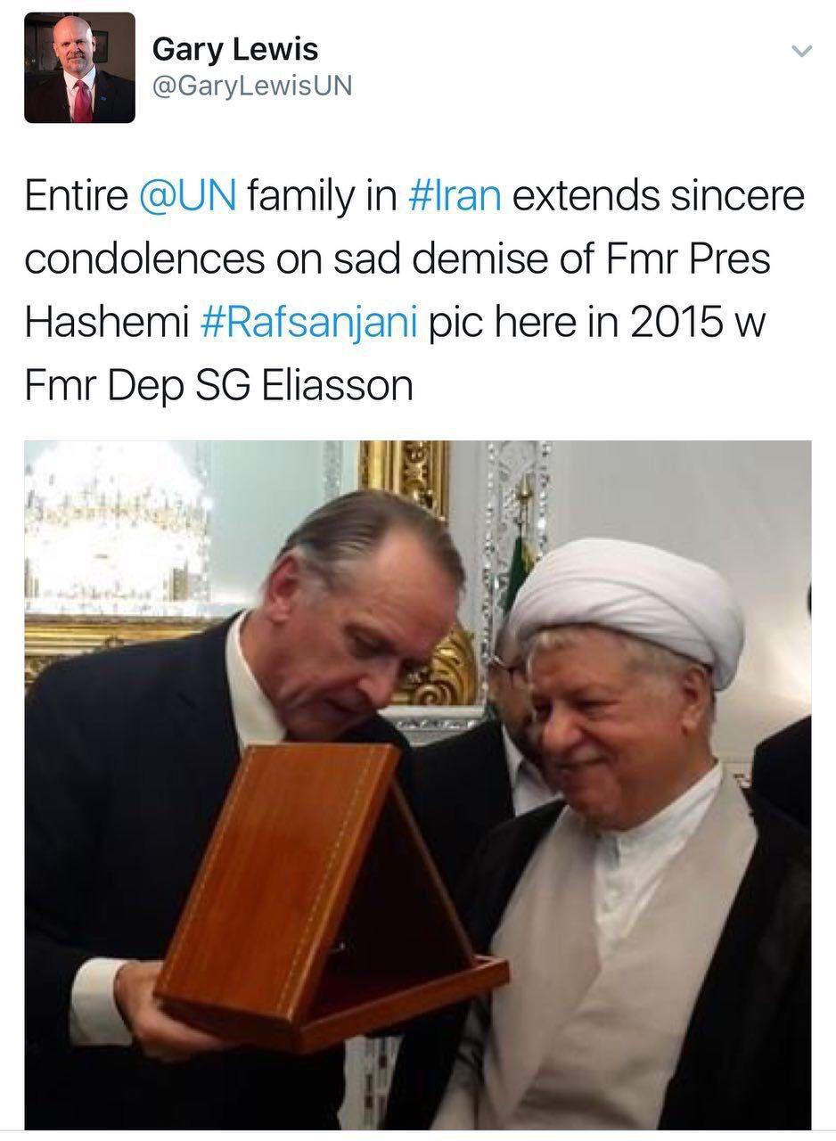 نماینده سازمان ملل در ایران درگذشت آیت&zwnj;الله هاشمی رفسنجانی را تسلیت گفت +توییت