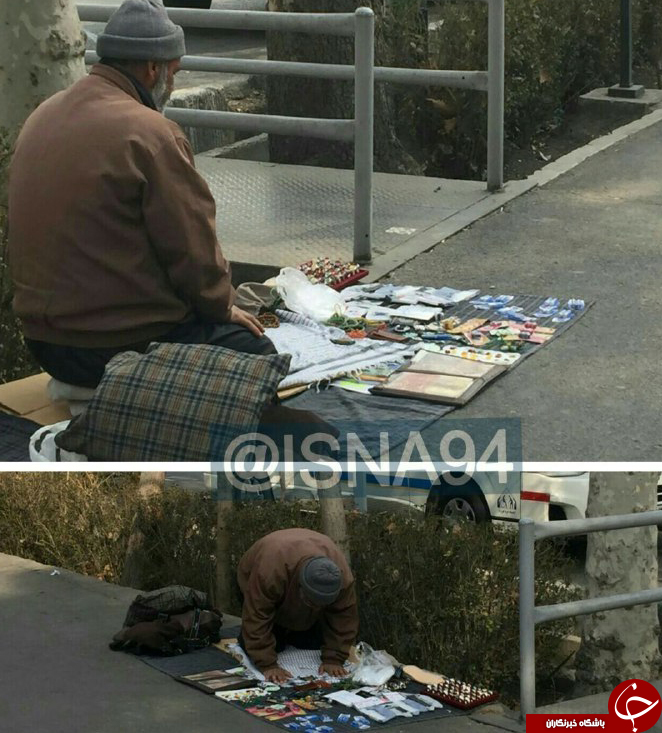 عکس/ نماز اول وقت یک دستفروش