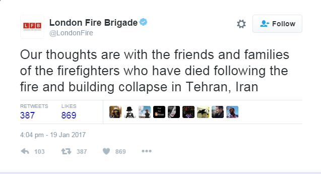 همدردی آتش&zwnj;نشان&zwnj;های انگلیسی در پی حادثه پلاسکو