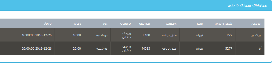 جدول برنامه های هواپیمایی ارومیه در6 دی ماه