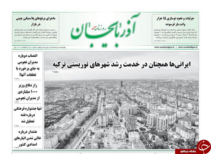 صفحه نخست روزنامه استان&zwnj;آذربایجان شرقی چهارشنبه 8 دی ماه