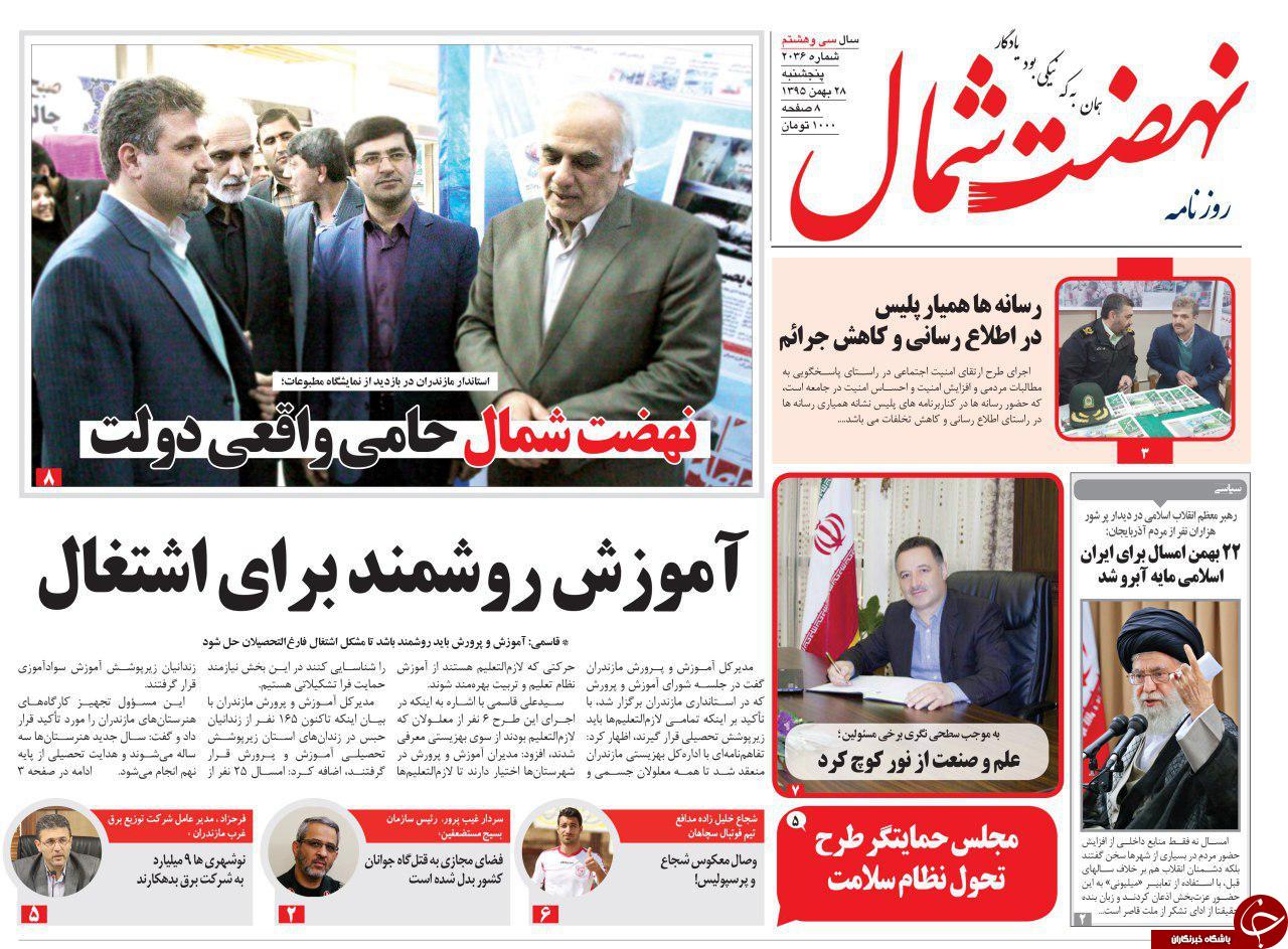 صفحه نخست روزنامه&zwnj;های پنج شنبه ۲۸ بهمن مازندران