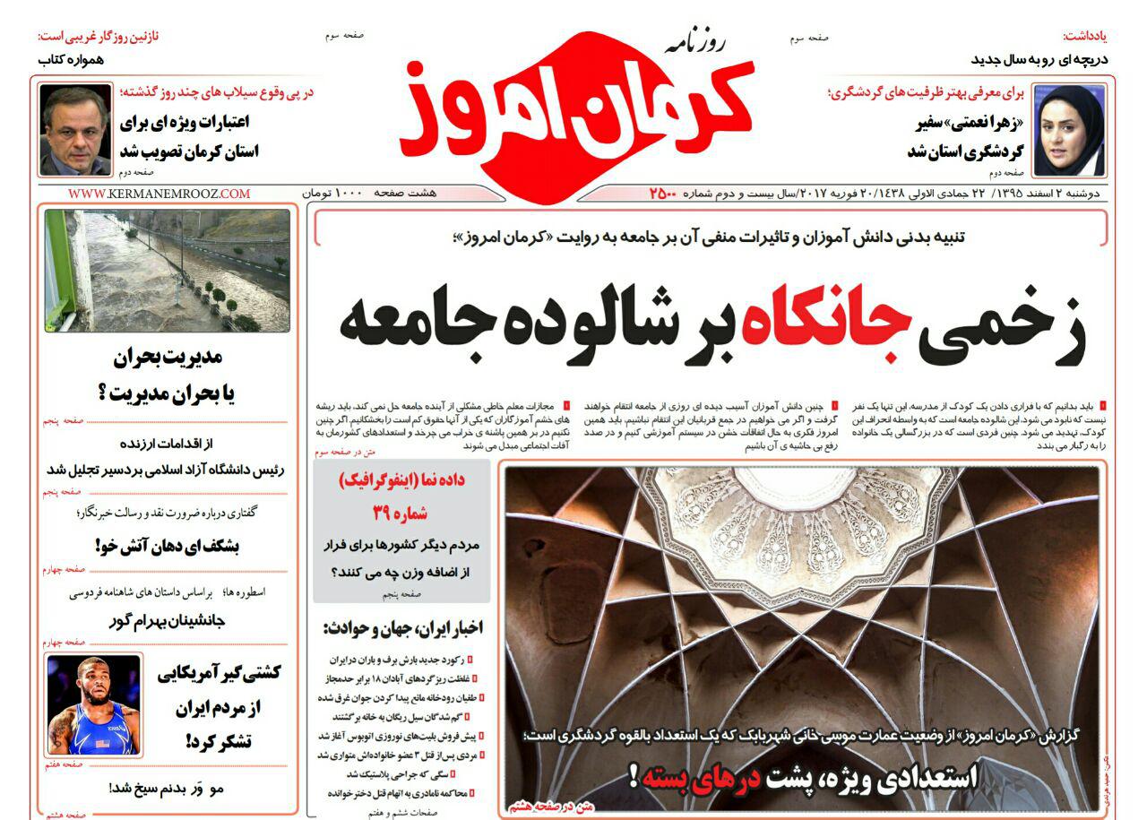 صفحه نخست روزنامه استان کرمان دوشنبه 2 اسفند ماه صفحه نخست روزنامه استان کرمان دوشنبه 2 اسفند ماه