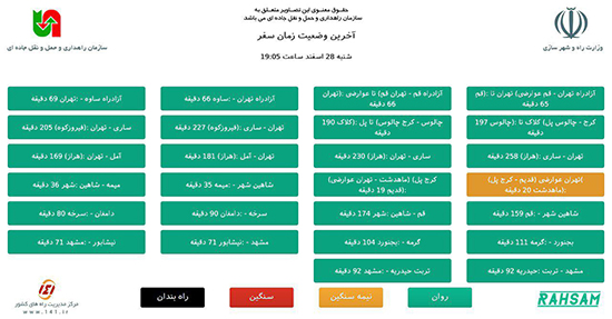 گزارش لحظه&zwnj;به&zwnj;لحظه از وضعیت ترافیکی و جوّی راه&zwnj;های کشور