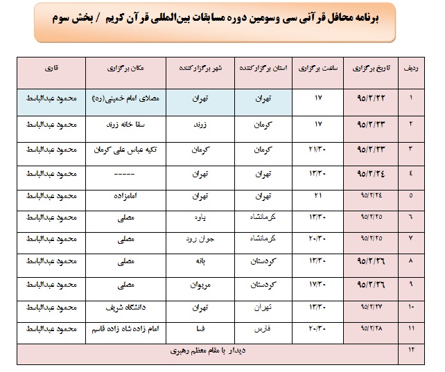 برنامه محافل قرآنی در سی و سومین دوره مسابقات بین المللی قرآن کریم