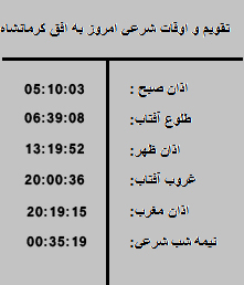 تقویم و اوقات شرعی امروز به افق کرمانشاه ۱۳۹۵/۰۲/۰۵