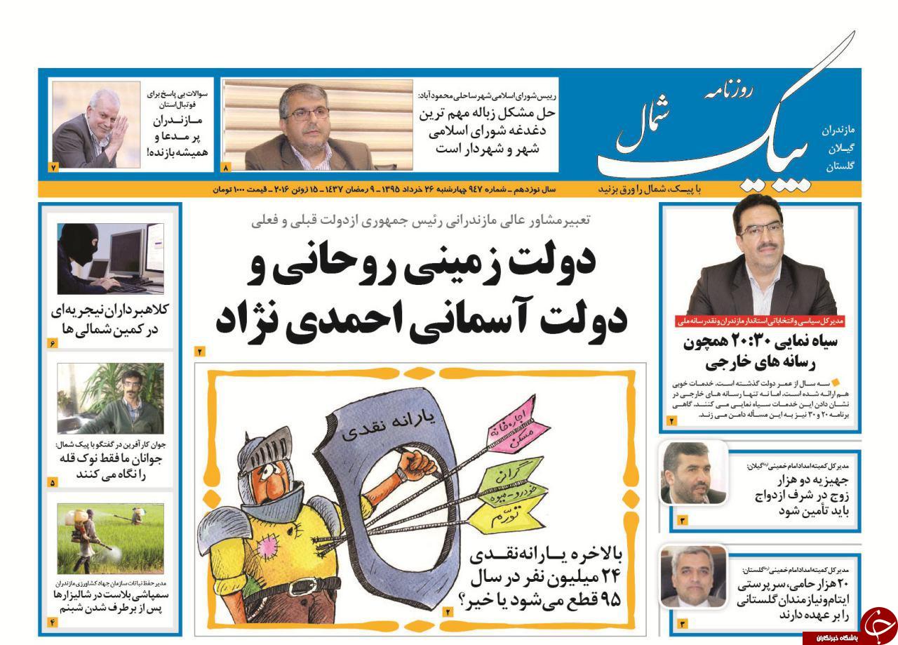 صفحه نخست روزنامه های استان&zwnj; چهارشنبه 26 خرداد ماه