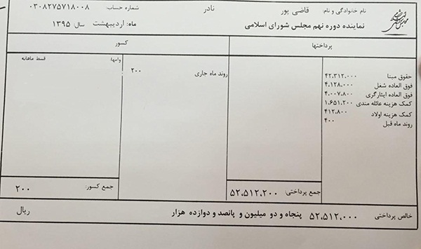 عکس فیش حقوقی نادر قاضی پور نماینده مجلس شورای اسلامی
