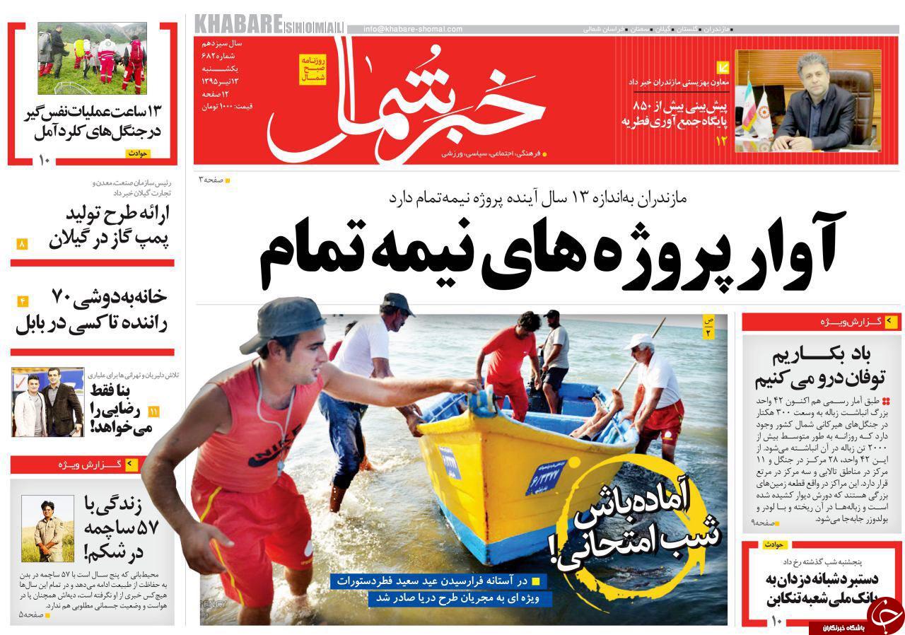 صفحه نخست روزنامه های استان&zwnj; یکشنبه 13 تیر ماه
