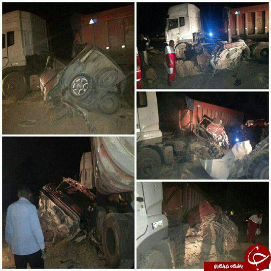 برخورد هولناک تريلر و پژو 405 در جاده شهر رضا/ یک خانواده 6 نفره در دم جان باختند