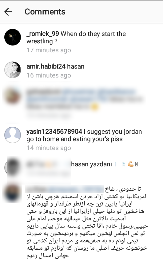 کل&zwnj;کل طرفداران حسن یزدانی در اینستاگرام جردن باروز +کامنت&zwnj;ها