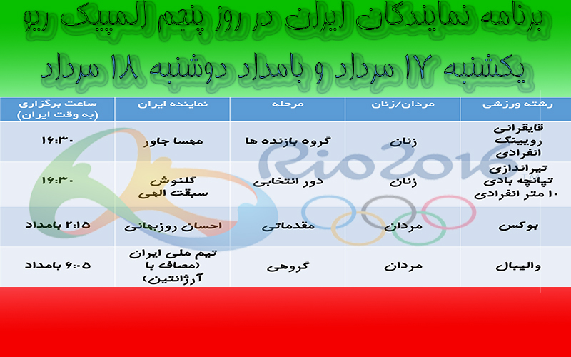 برنامه مسابقات ورزشکاران ایرانی در روز پنجم المپیک