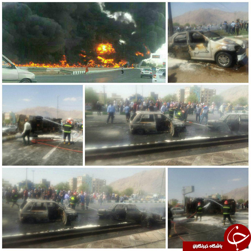 انفجار تانکر حمل سوخت چندین خودو را به آتش کشید+عکس