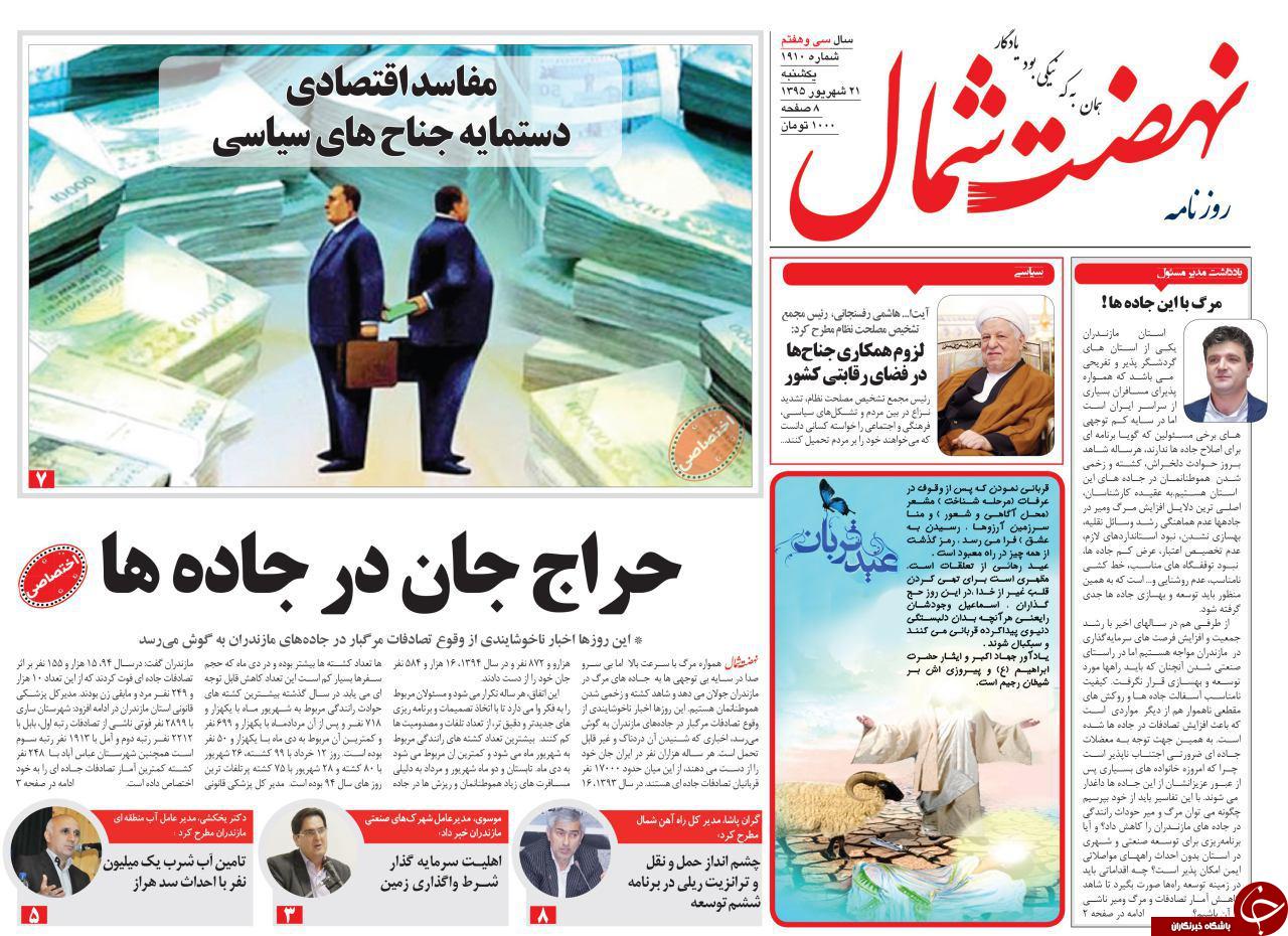 صفحه نخست روزنامه های استان یکشنبه، 21 شهریور