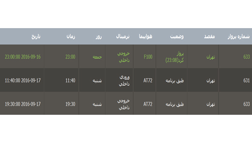 برنامه پرواز فرودگاه بین المللی گرگان شنبه 27 شهریور