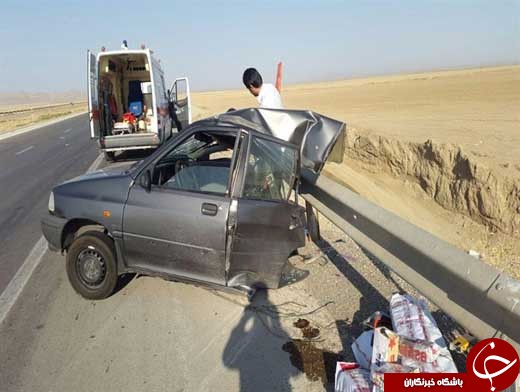 عکس/ نصف شدن پراید در تصادف با گاردریل در اتوبان همدان- ساوه