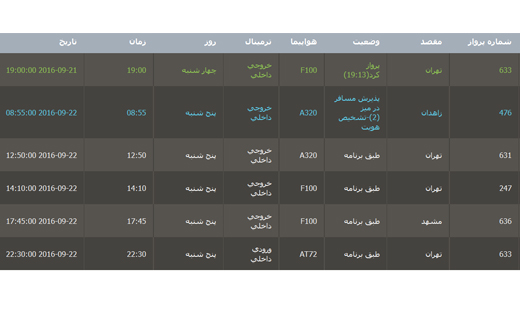 برنامه پرواز فرودگاه بین المللی گرگان پنج شنبه 1 مهر شهریور
