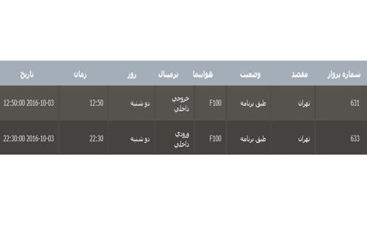 برنامه پرواز فرودگاه بین المللی گرگان دوشنبه 12 مهر