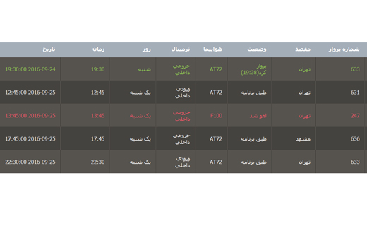 برنامه پرواز فرودگاه بین المللی گرگان یکشنبه4 مهر