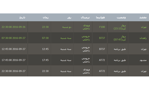 برنامه پرواز فرودگاه بین المللی گرگان سه شنبه 6  مهر