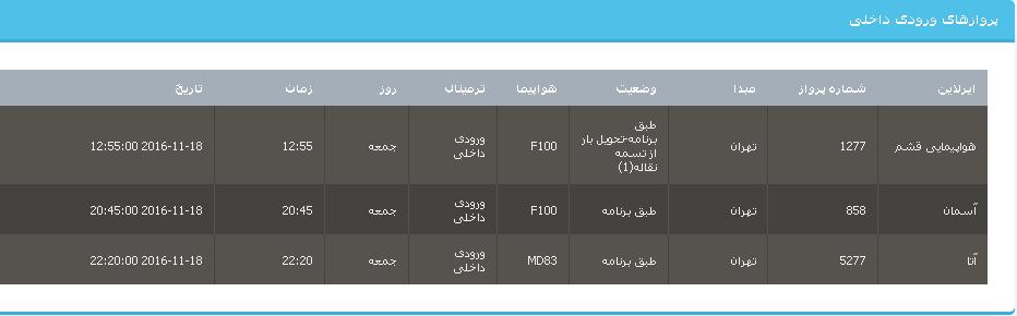 جدول برنامه های هواپیمایی ارومیه در 28 آبان