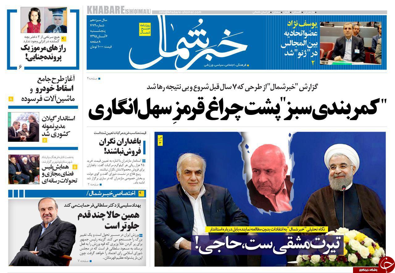 صفحه نخست روزنامه های مازندران پنج شنبه 6 آبان