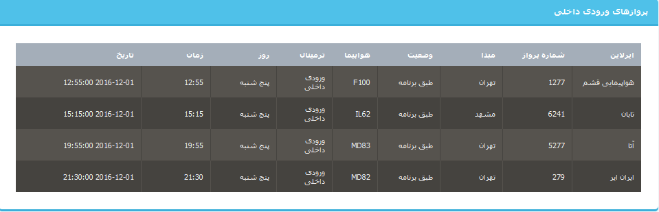 جدول برنامه های هواپیمایی ارومیه در11 آذر