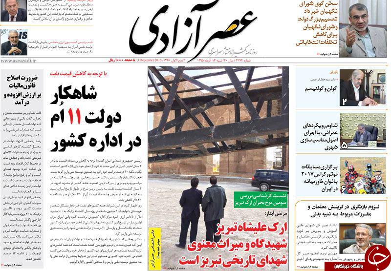 صفحه نخست روزنامه استان&zwnj;آذربایجان شرقی شنبه 13 آذر ماه