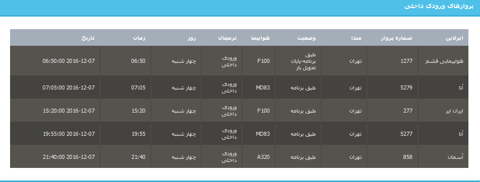 جدول برنامه های هواپیمایی ارومیه در17 آذر