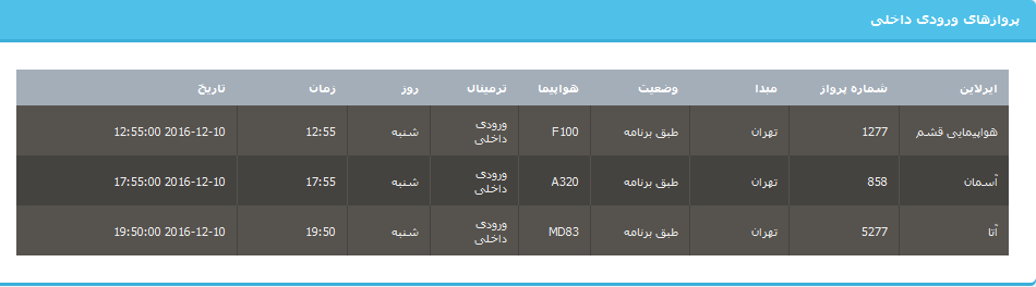 جدول برنامه های هواپیمایی ارومیه در20 آذر