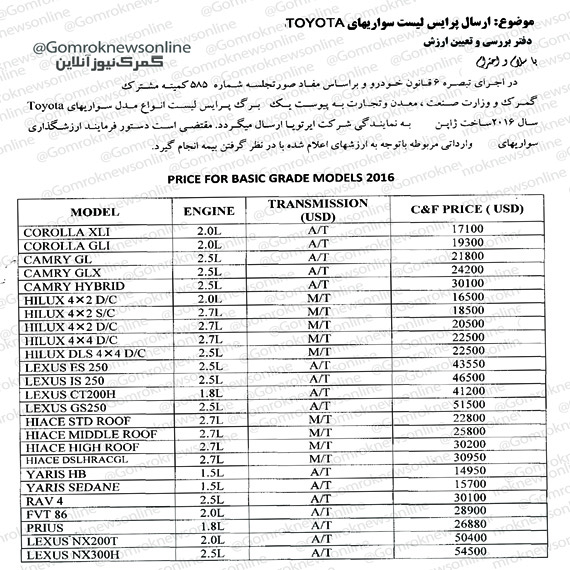 اعلام ارزش پایه خودروهای تویوتا