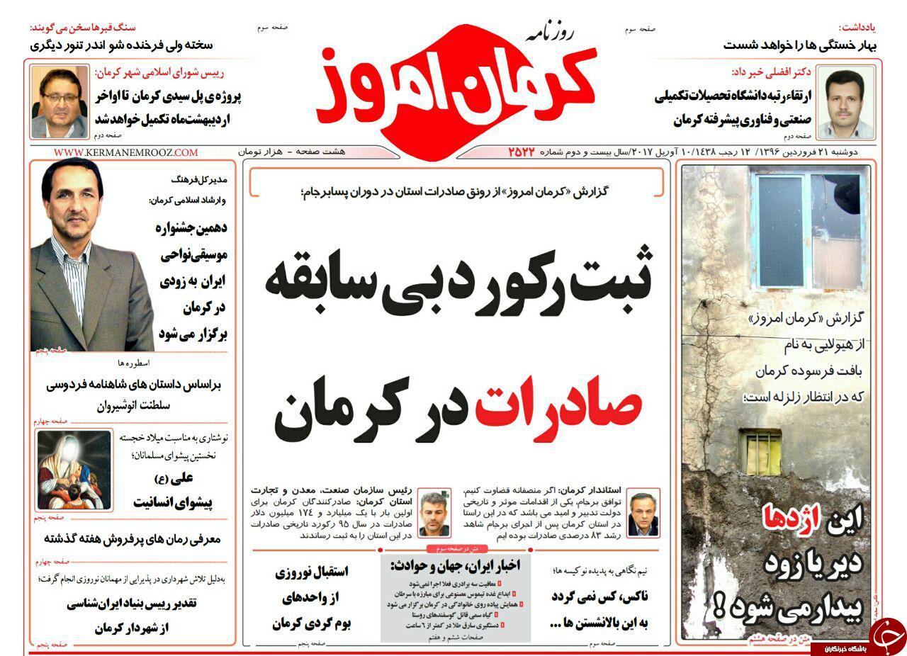 تصاویر صفحه نخست روزنامه های استان کرمان دو شنبه 21فروردین را مشاهده کنید
