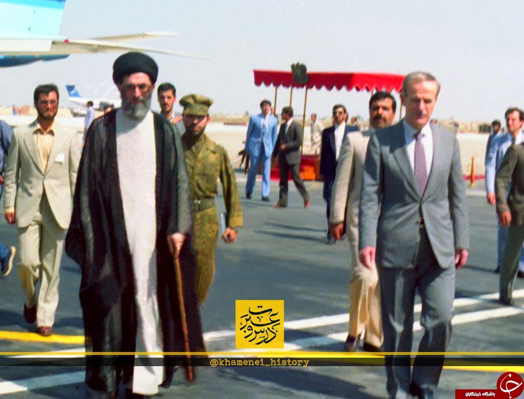 عکسی قدیمی از شهید صیاد شیرازی در کنار رهبر انقلاب و حافظ اسد