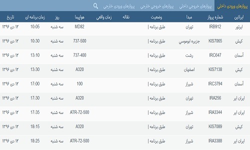 پرواز&zwnj;های فرودگاه&zwnj; بندرعباس 12 دی 96
