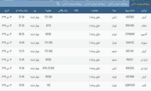 پرواز&zwnj;های فرودگاه&zwnj; بندرعباس 13 دی 96