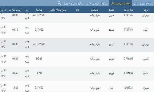 پرواز&zwnj;های فرودگاه&zwnj; بندرعباس 13 دی 96