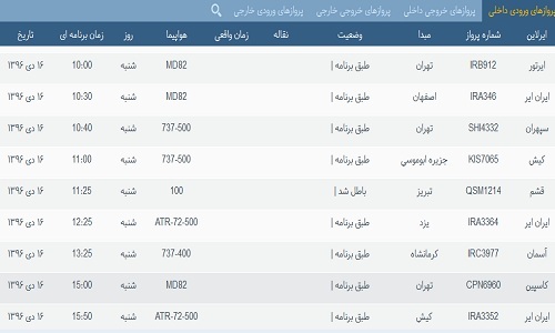پرواز&zwnj;های فرودگاه&zwnj; بندرعباس 16 دی 96