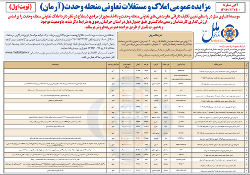 به مزایده گذاشتن املاک تعاونی وحدت (آرمان)