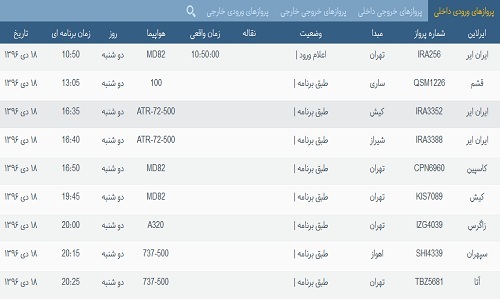 پرواز&zwnj;های فرودگاه&zwnj; بندرعباس 18 دی 96