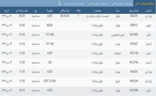 پرواز&zwnj;های فرودگاه&zwnj; بندرعباس 19 دی 96