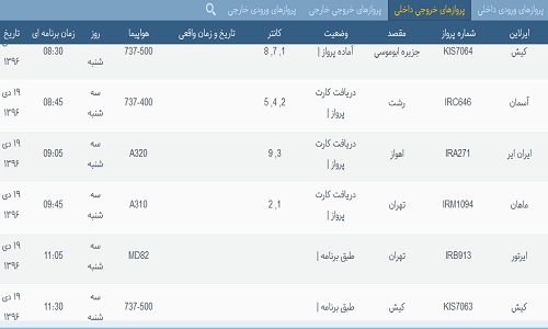 پرواز&zwnj;های فرودگاه&zwnj; بندرعباس 19 دی 96