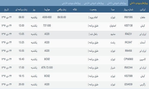 پرواز&zwnj;های فرودگاه&zwnj; بندرعباس 24 دی 96