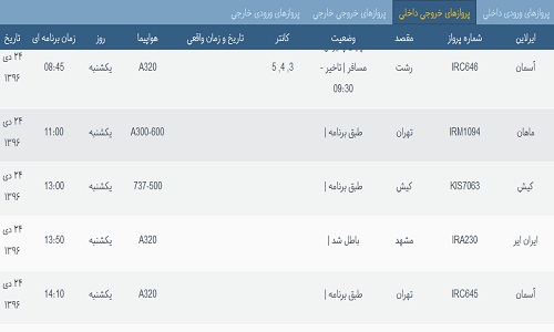 پرواز&zwnj;های فرودگاه&zwnj; بندرعباس 24 دی 96