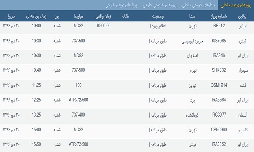پرواز&zwnj;های فرودگاه&zwnj; بندرعباس 30 دی 96