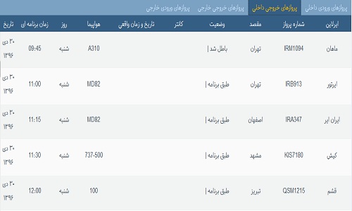 پرواز&zwnj;های فرودگاه&zwnj; بندرعباس 30 دی 96