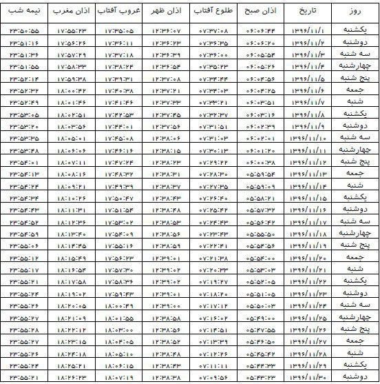 اوقات شرعی شهرتبریزدر بهمن &zwnj;ماه ۱۳۹۶